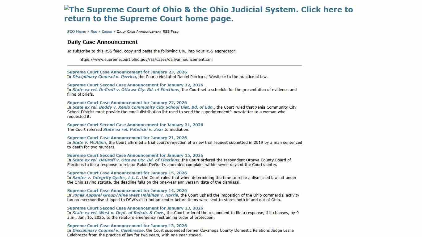 Daily Case Announcement RSS Feed